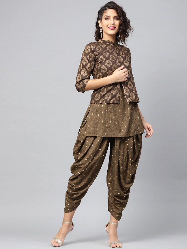 Olive Brown & Golden Printed Kurti with Dhoti Pants & Ethnic Jacket