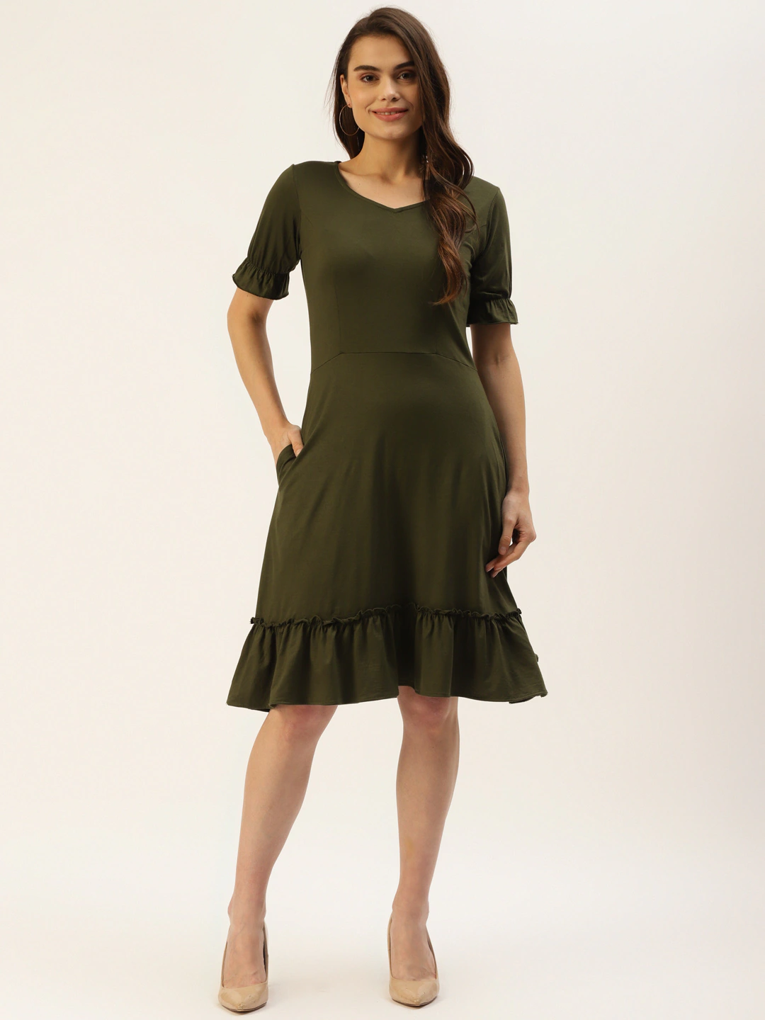 Olive Green A-Line Midi Dress