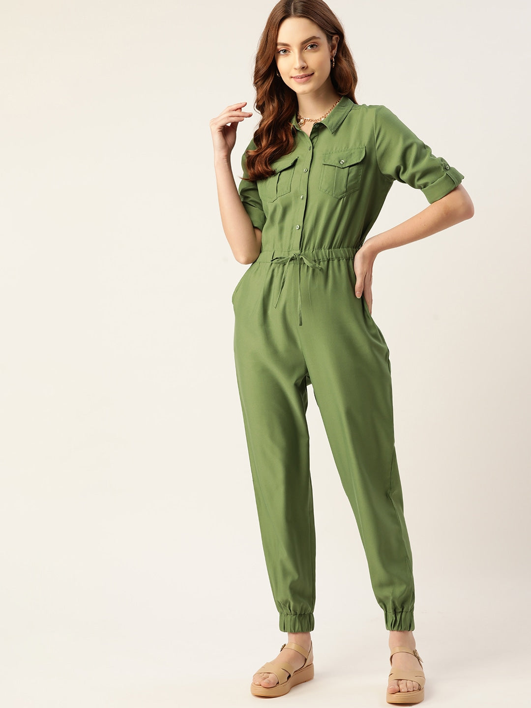 Olive Green Solid Basic Jumpsuit