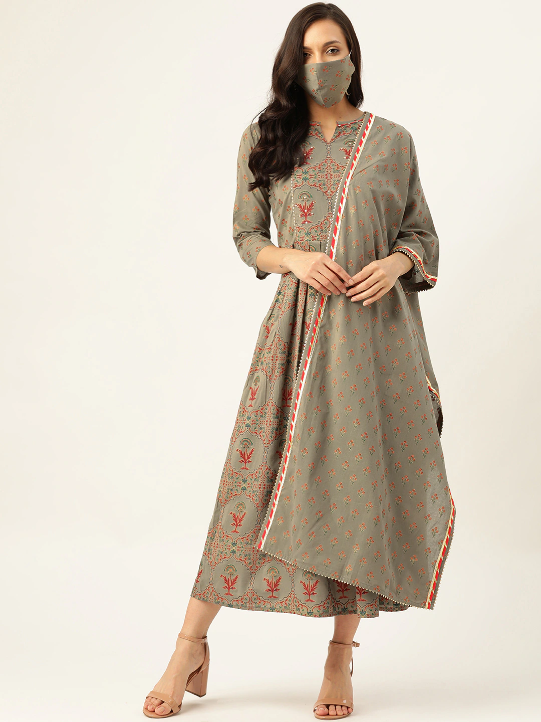 Olive & Red Ethnic Motifs Print Maxi Dress