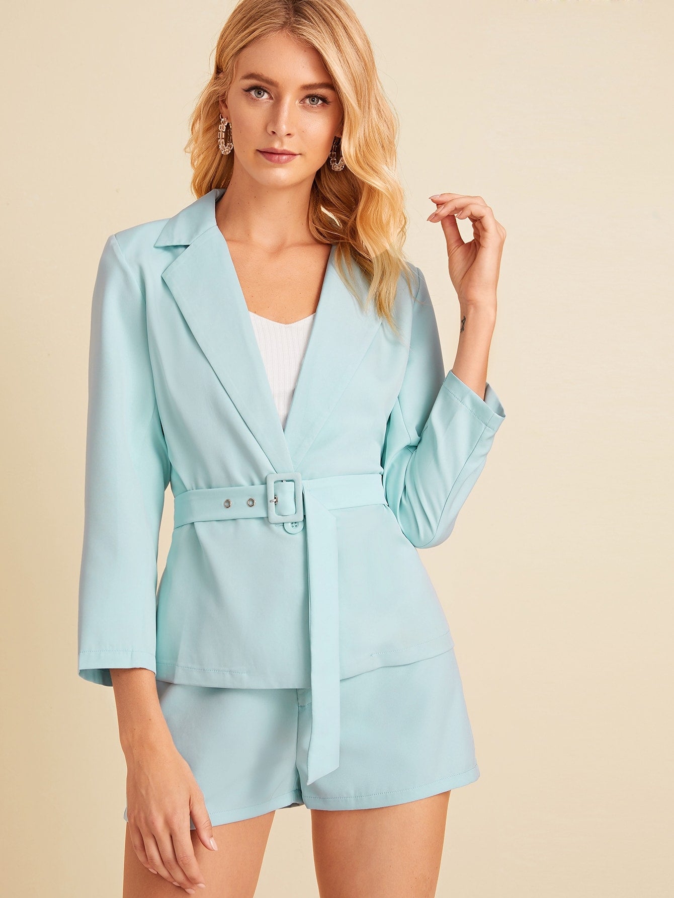 One Button Self Tie Blazer With Tailored Shorts