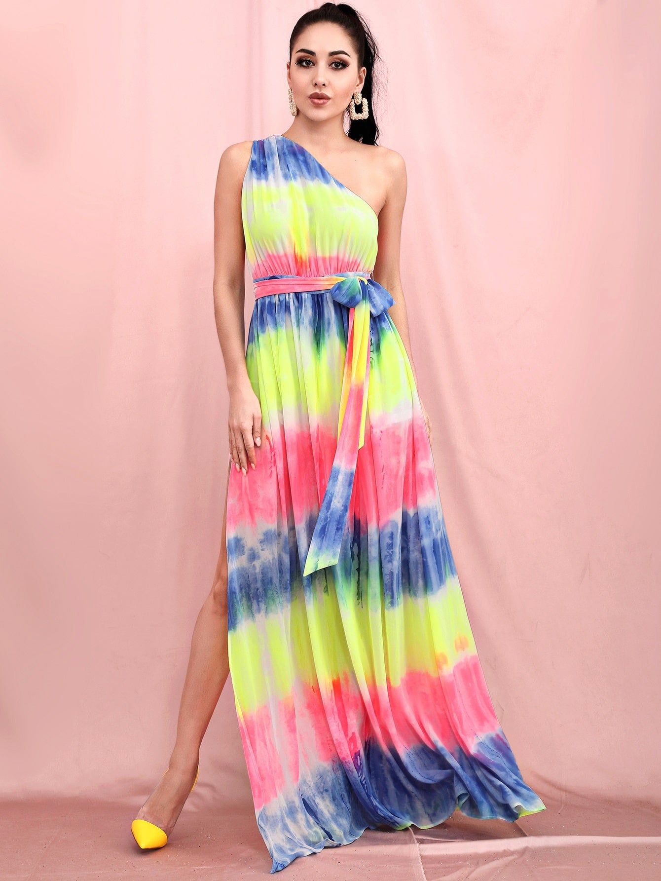 One Shoulder Belted Split Thigh Tie Dye Maxi Dress