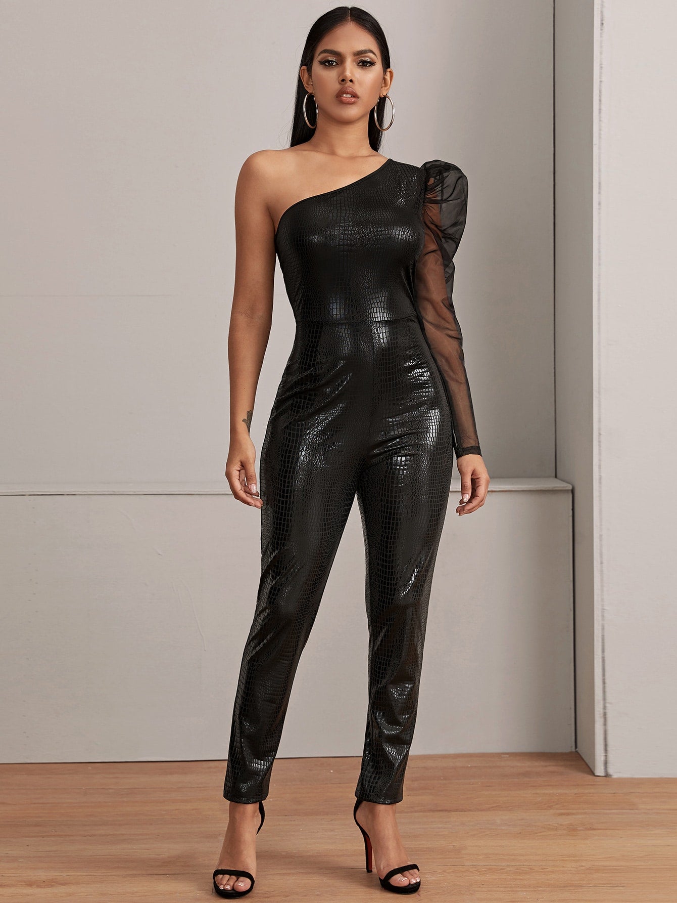 One Shoulder Contrast Mesh PU Leather Jumpsuit