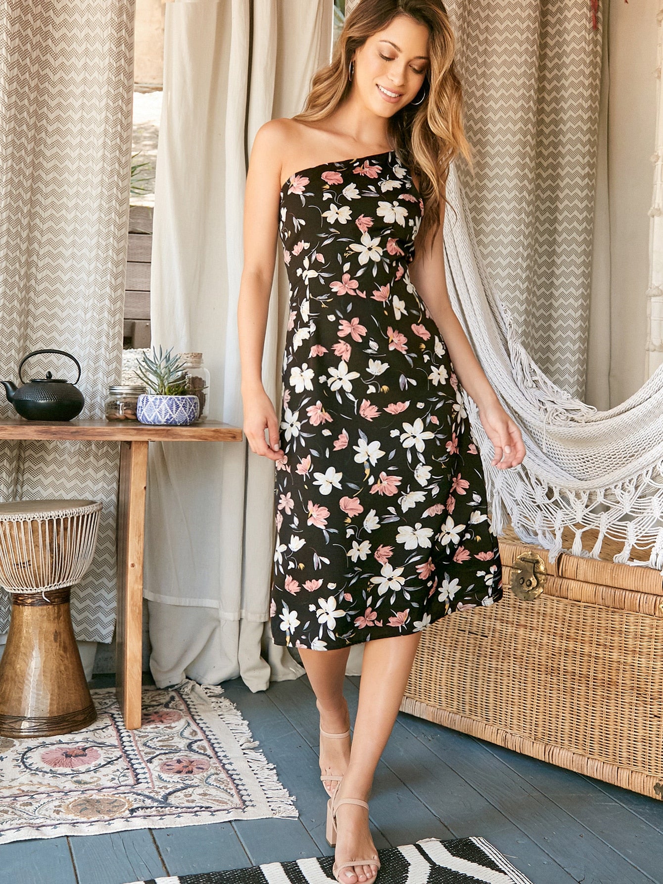 One Shoulder Floral Print Dress