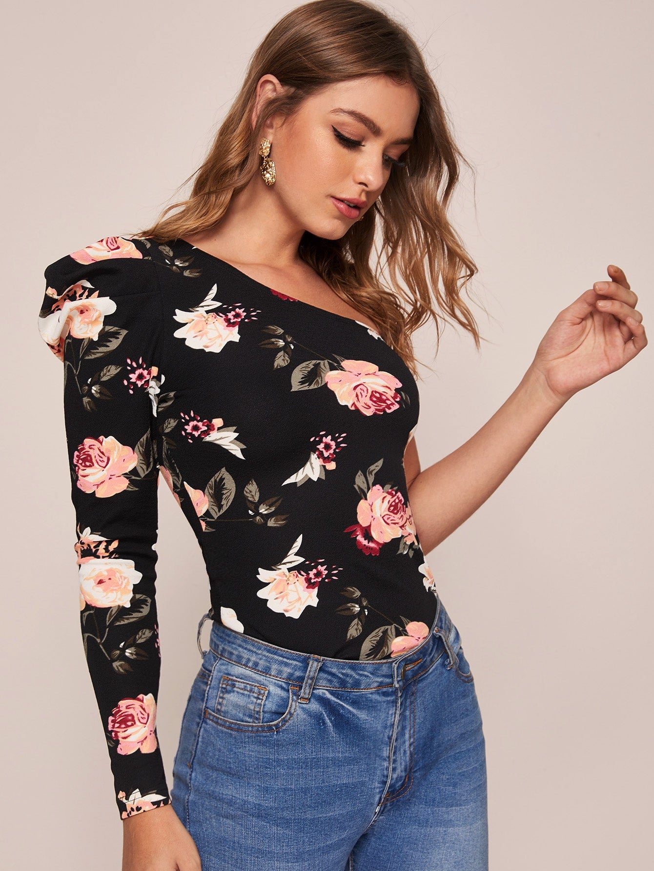 One Shoulder Floral Print Leg-of-mutton Sleeve Top