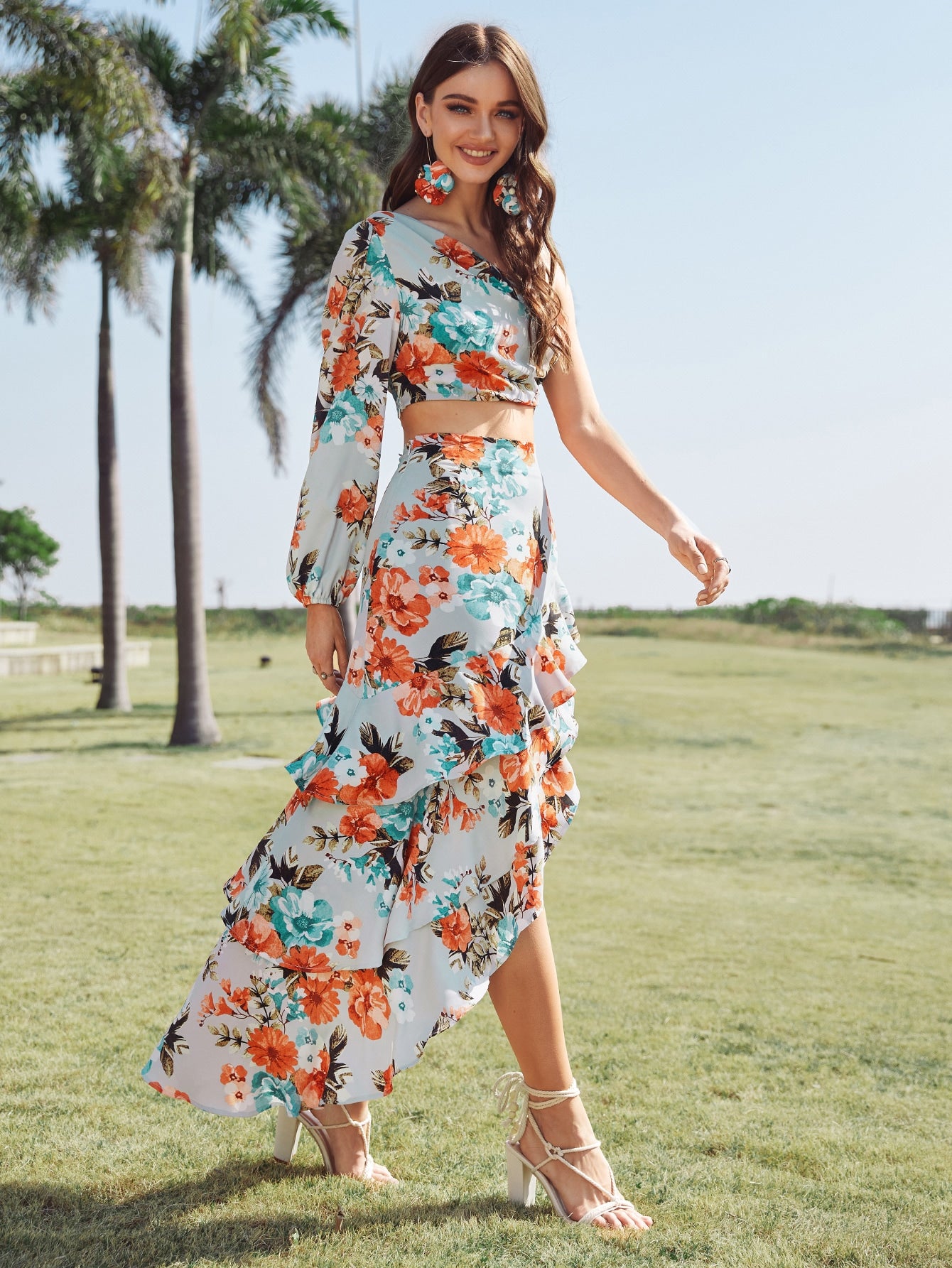 One Shoulder Floral Top & Asymmetric Ruffle Skirt Set