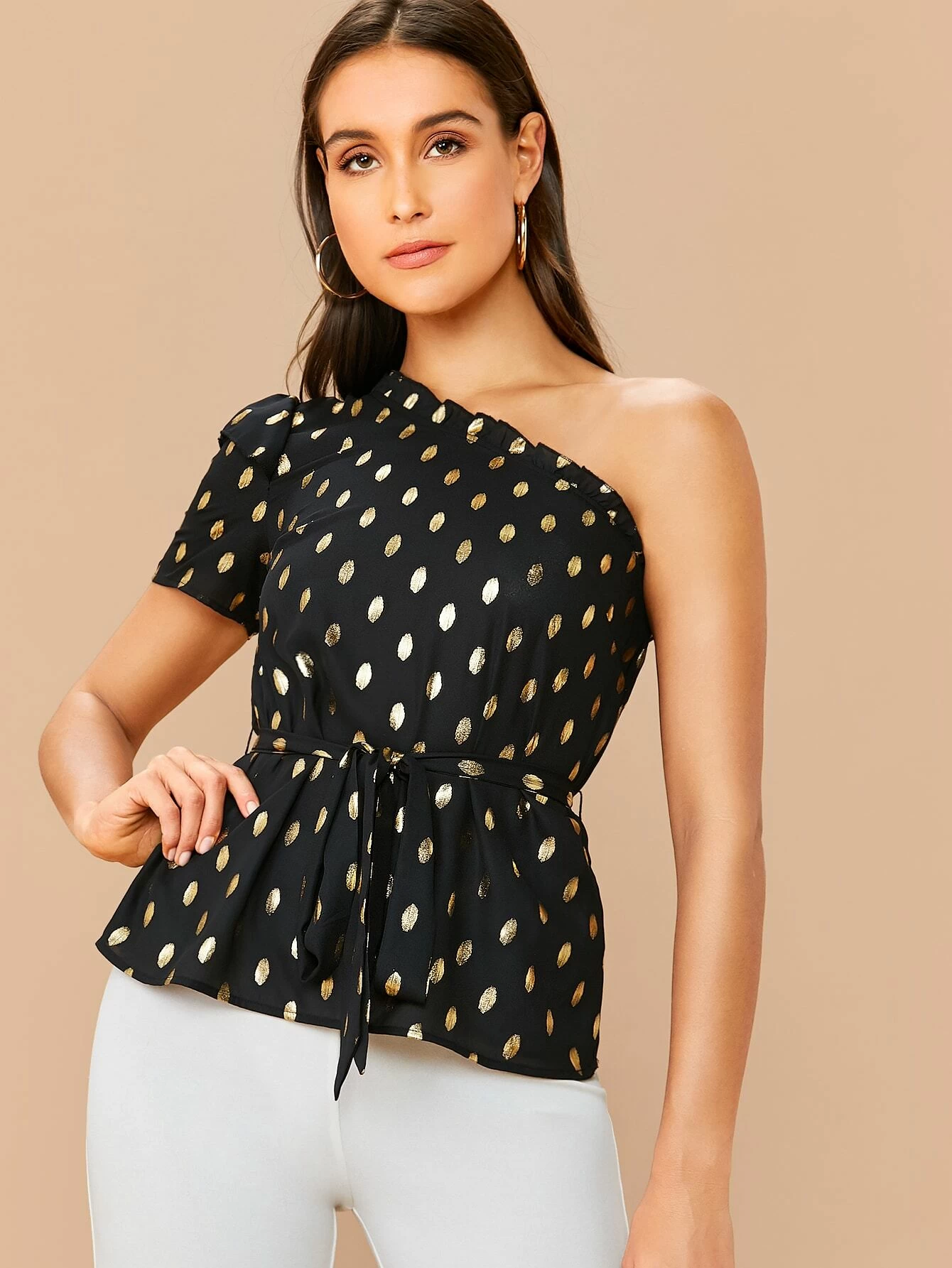 One Shoulder Frill Trim Gold Dot Belted Top