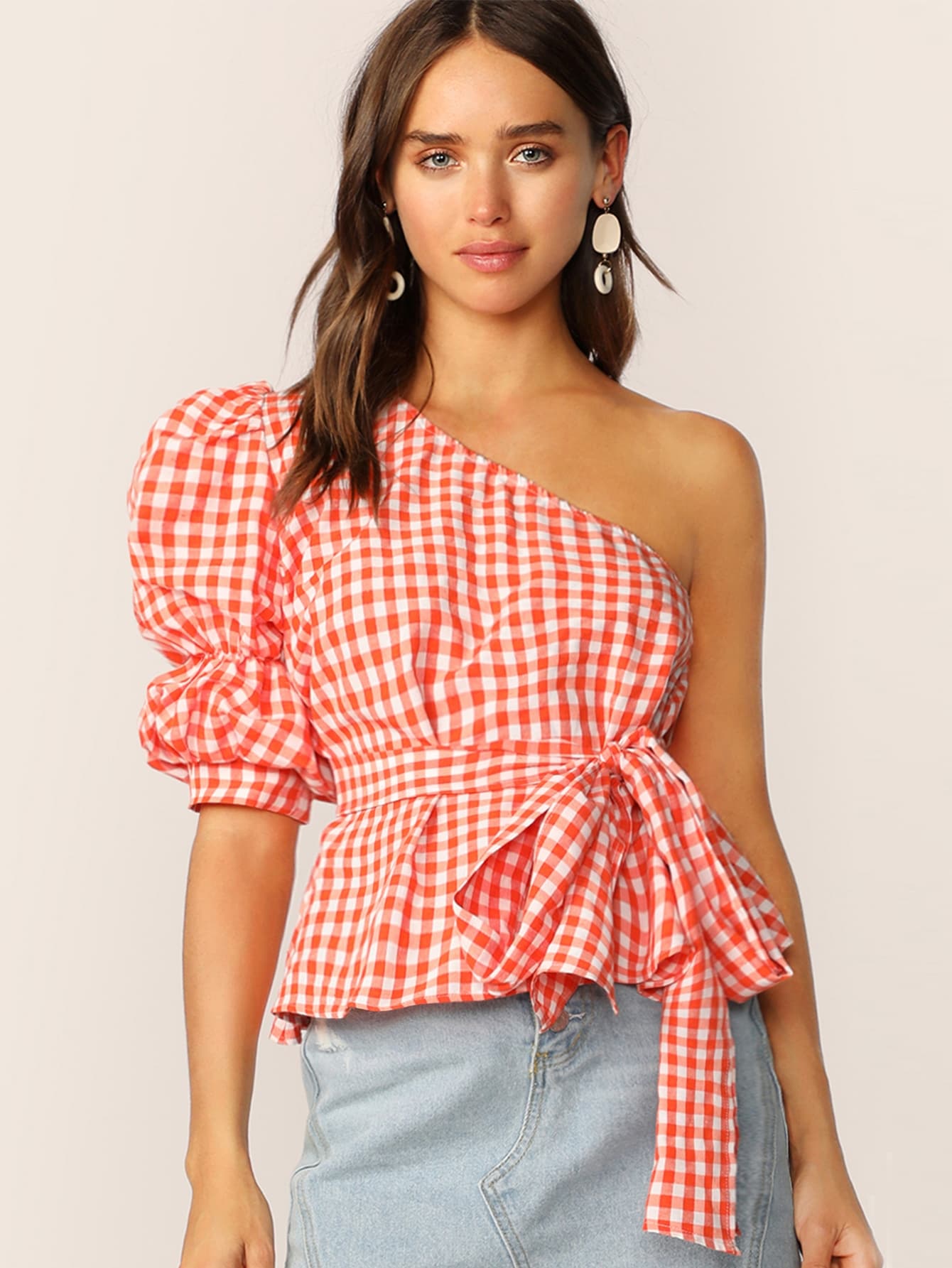 One Shoulder Gathered Sleeve Gingham Belted Top