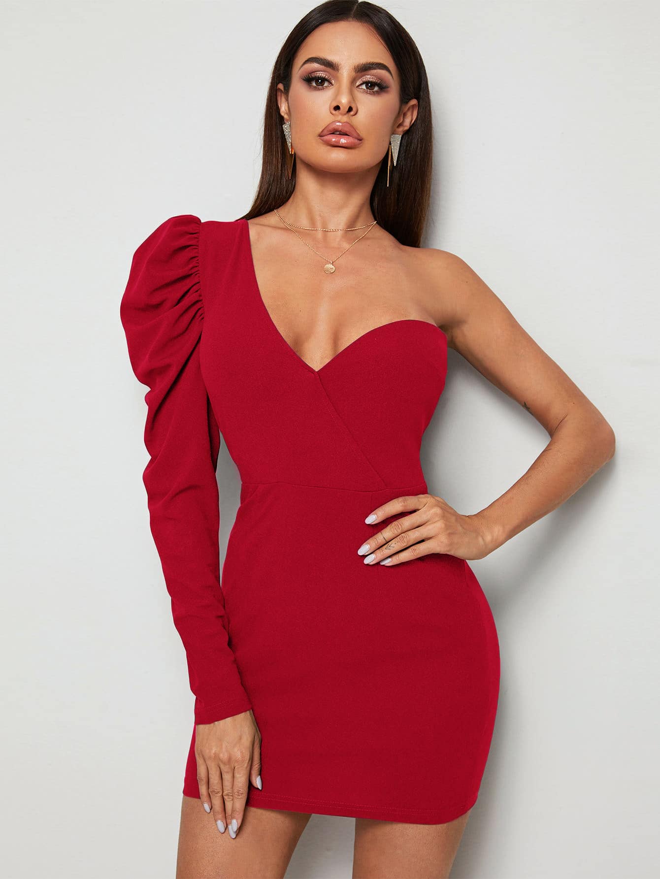 One Shoulder Gigot Sleeve Bodycon Dress