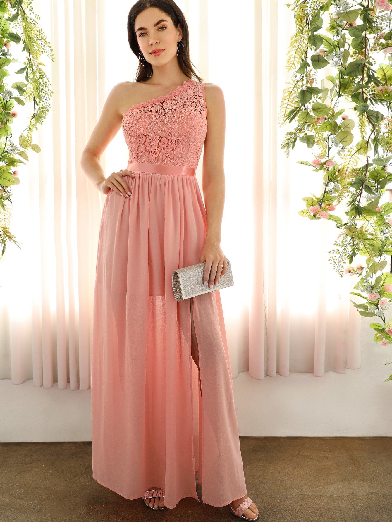 One Shoulder Lace Top Split Prom Dress