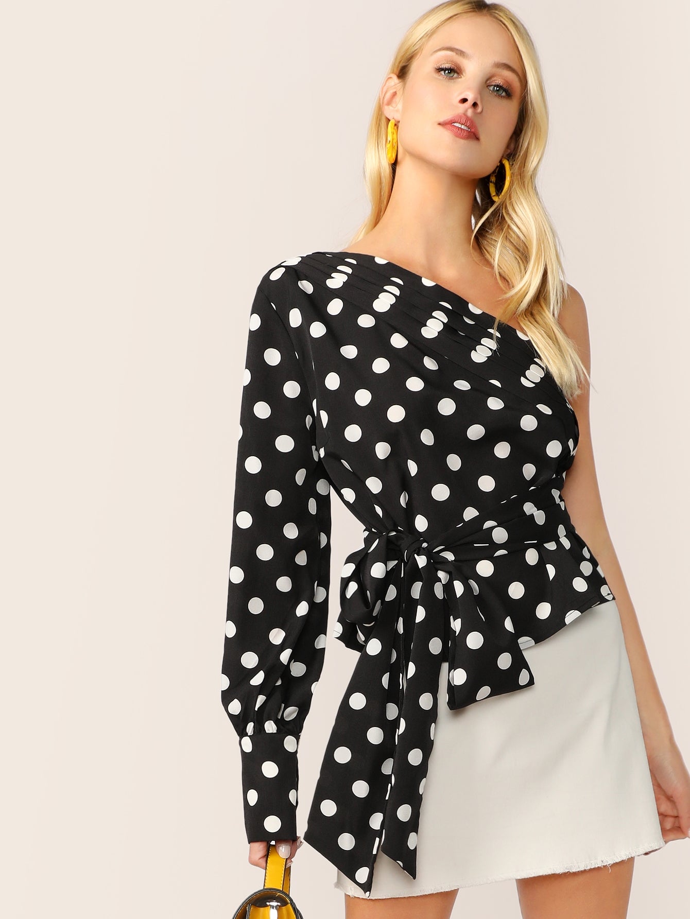 One Shoulder Pleated Detail Self Belted Polka Dot Top