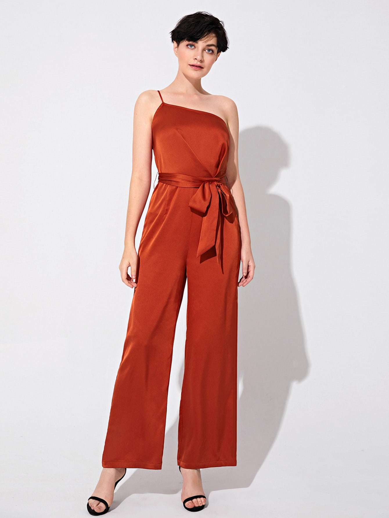 One Shoulder Self Belted Wide Leg Satin Jumpsuit