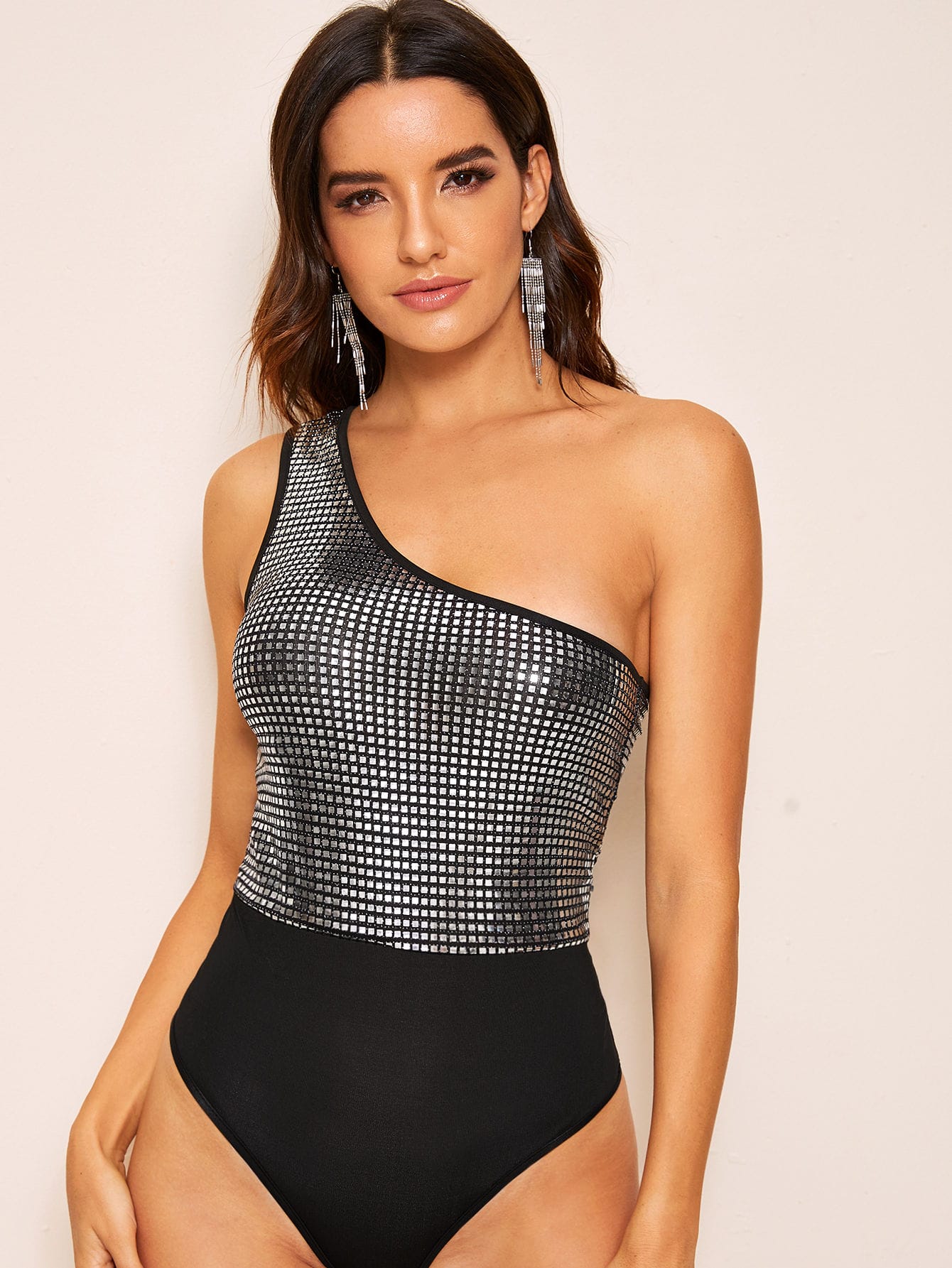 One Shoulder Sequin Panel Bodysuit