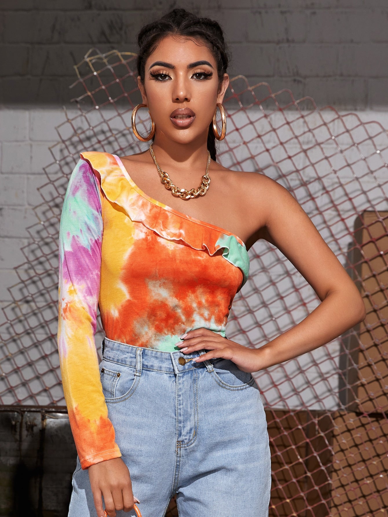 One Shoulder Tie Dye Frill Tee