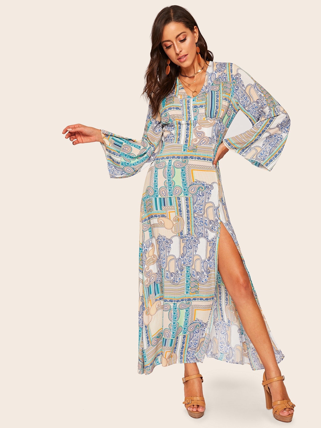 Open Back Paisley Print Slit Dress