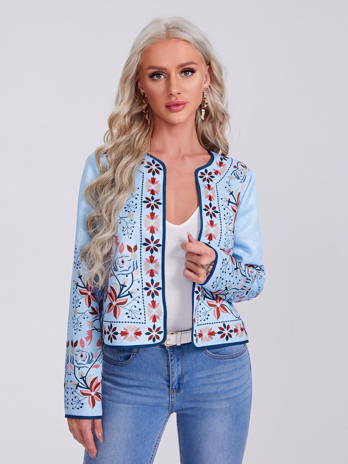 Open Front Floral Print Jacquard Jacket