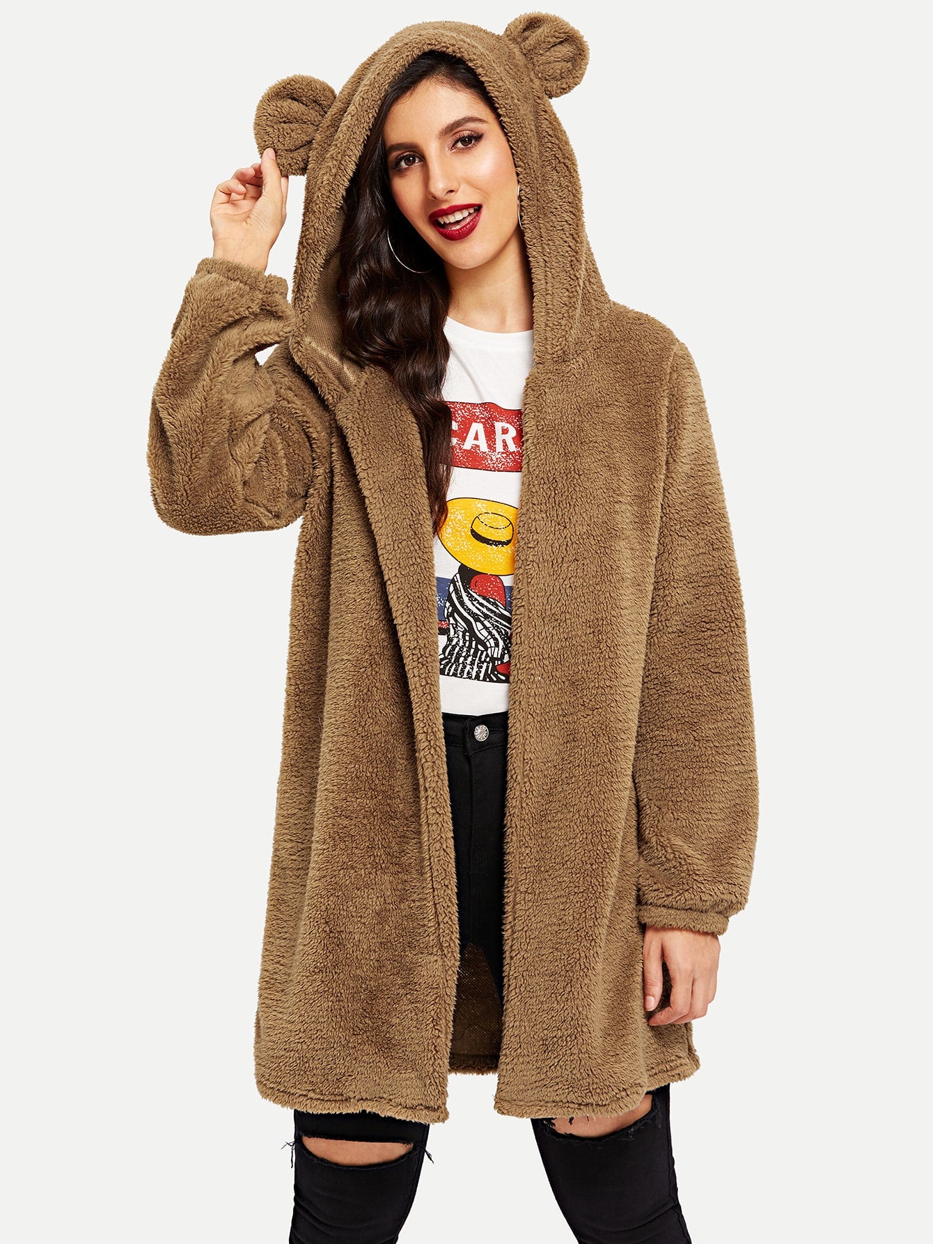 Open Front Hooded Teddy Coat