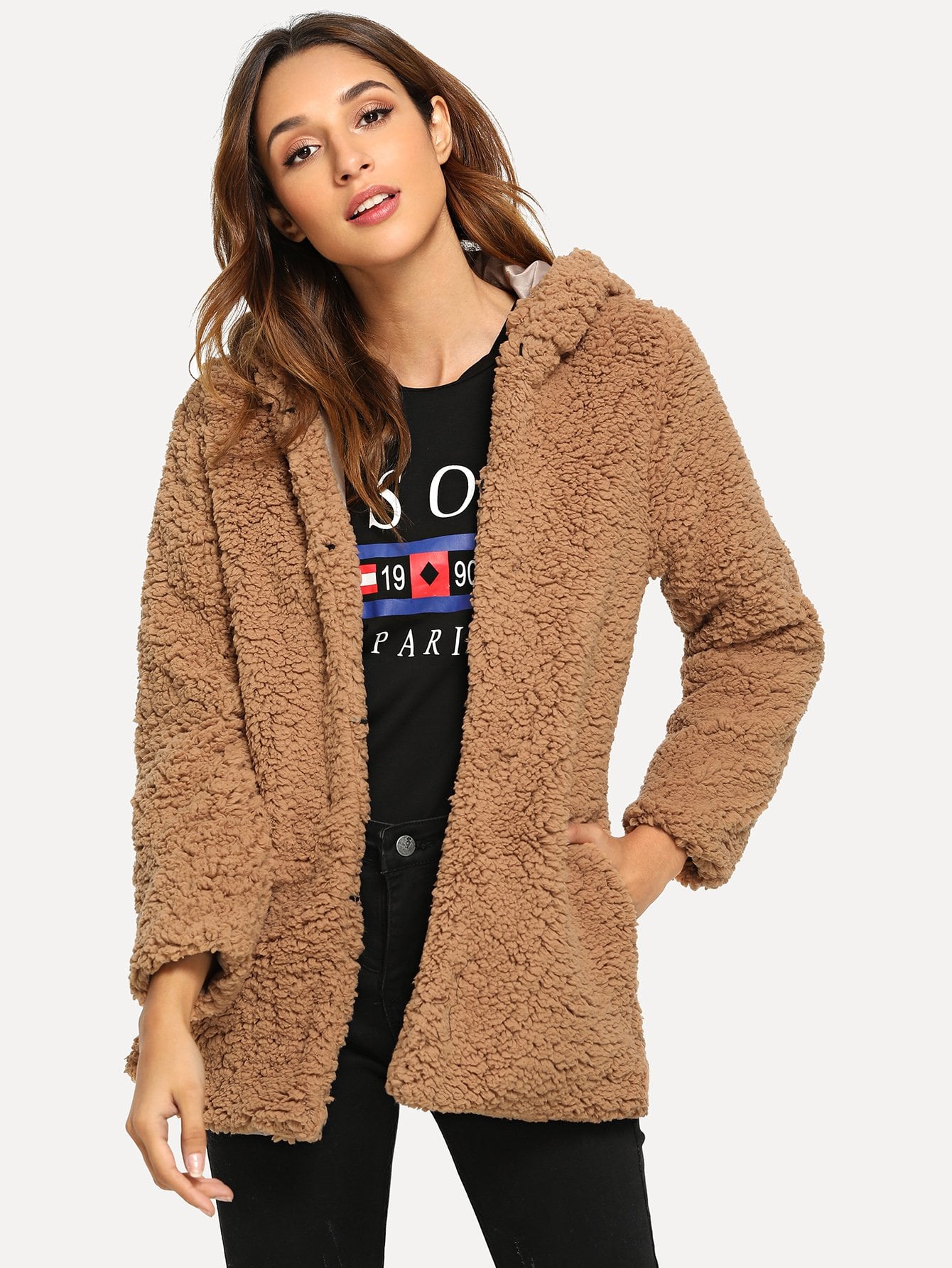 Open Front Hoodie Solid Teddy Outerwear