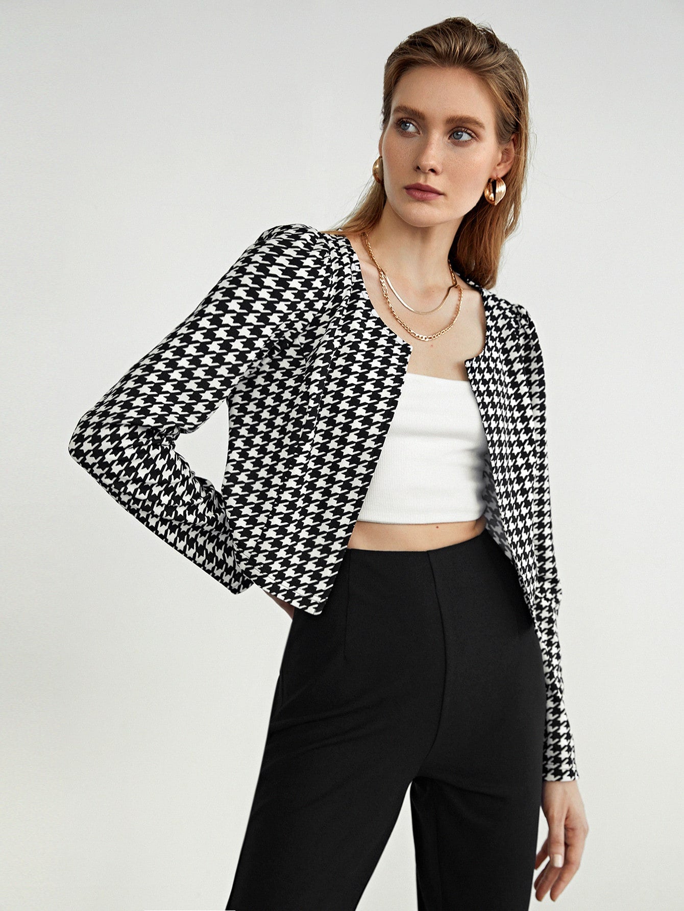 Open Front Houndstooth Jacket