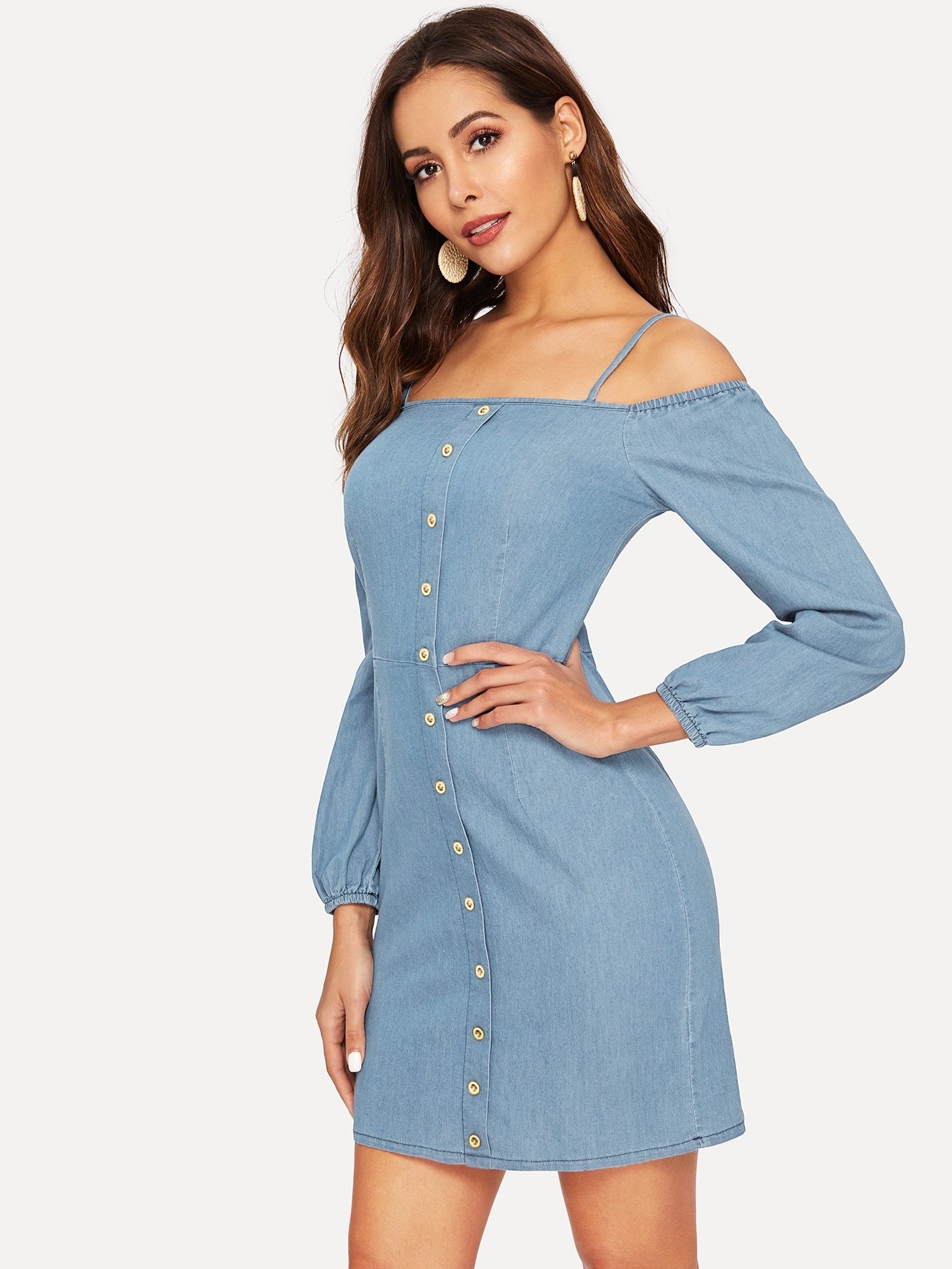 Open Shoulder Button Up Denim Dress