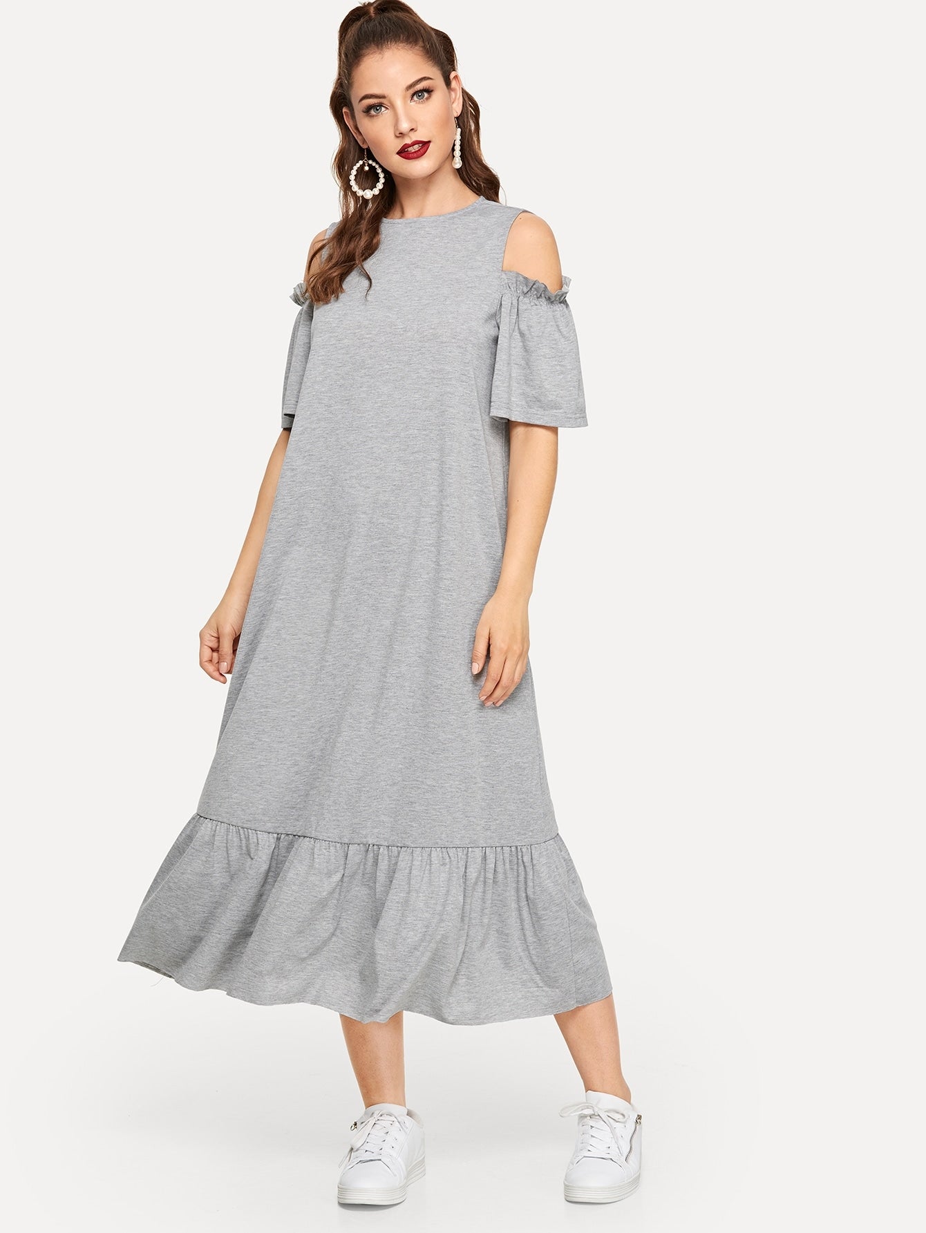 Open Shoulder Flounce Hem Marled Dress