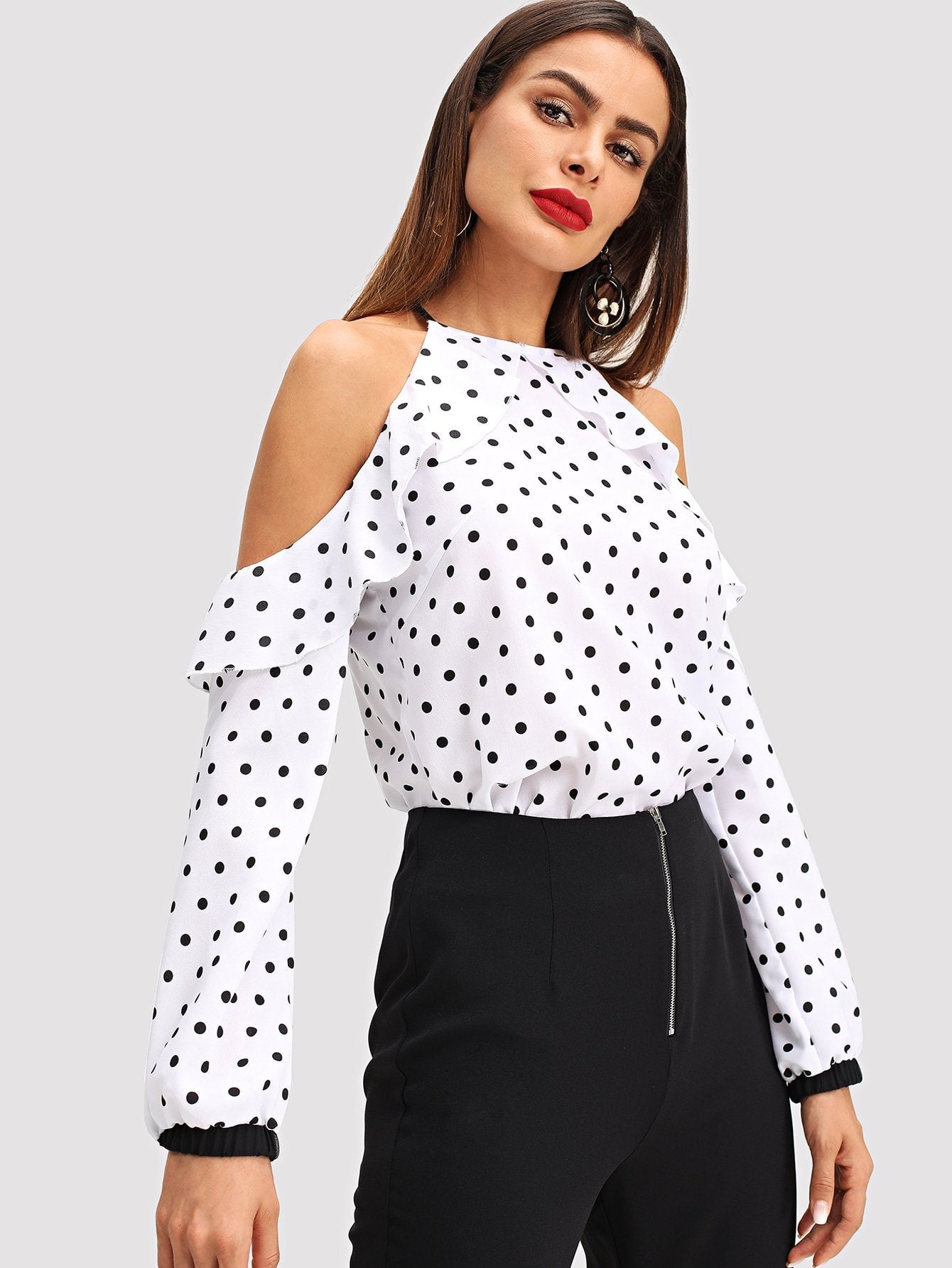 Open Shoulder Ruffle Trim Dot Top