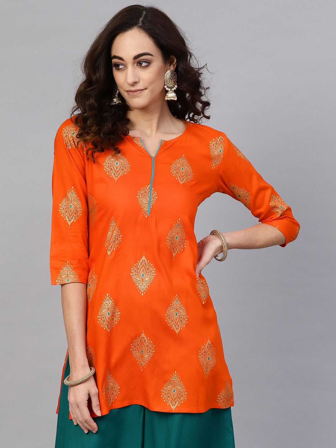 Orange & Golden Printed Straight Kurti