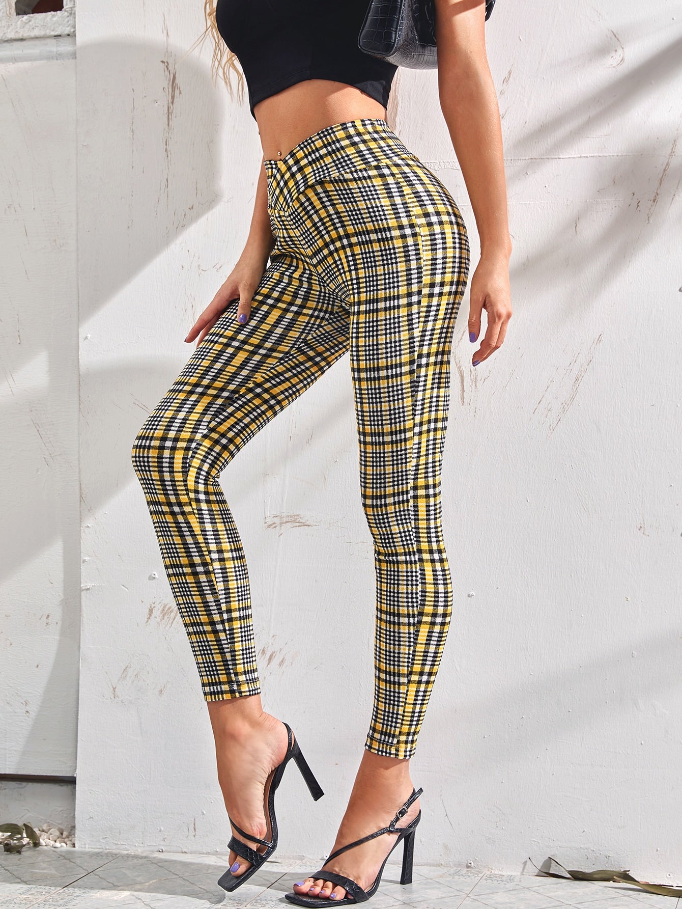 Overlap Wide Waistband Plaid Pants