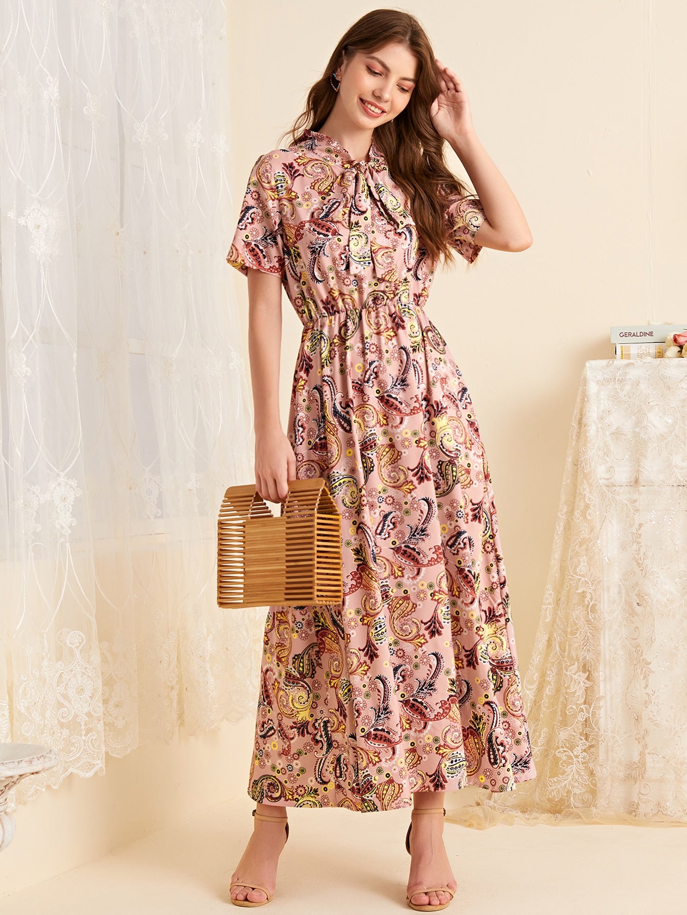 Paisley Print Tie Neck A-line Dress