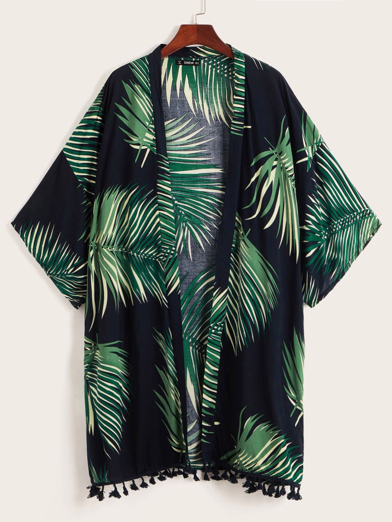 Palm Leaf Print Tassel Hem Kimono