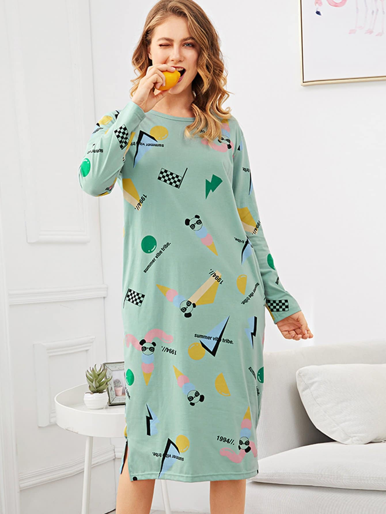 Panda Print Split Side Night Dress