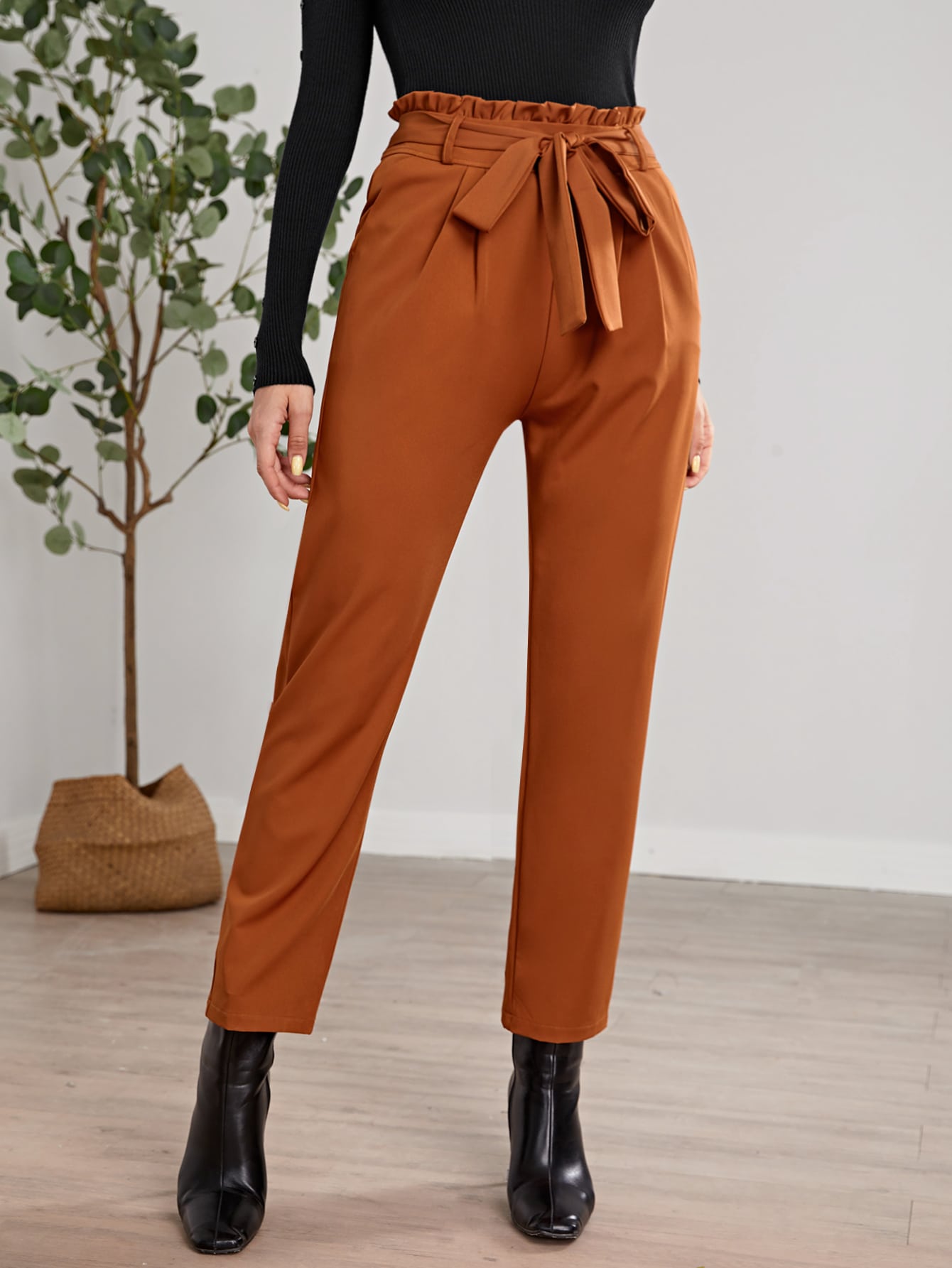 Paper Bag Waist Slant Pocket Self Belted Pants