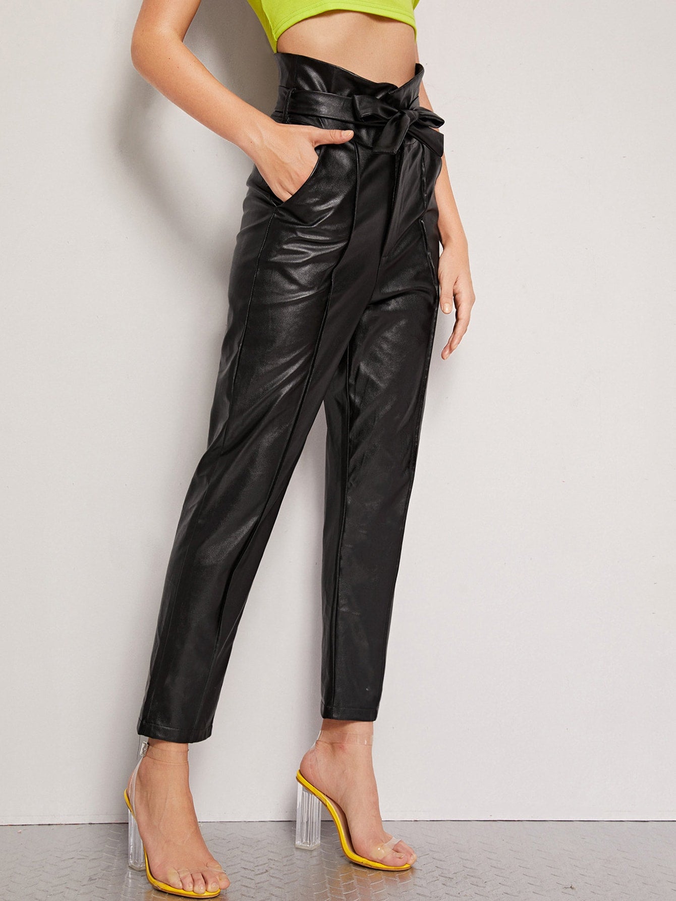 Paperbag High Waist Belted PU Pants