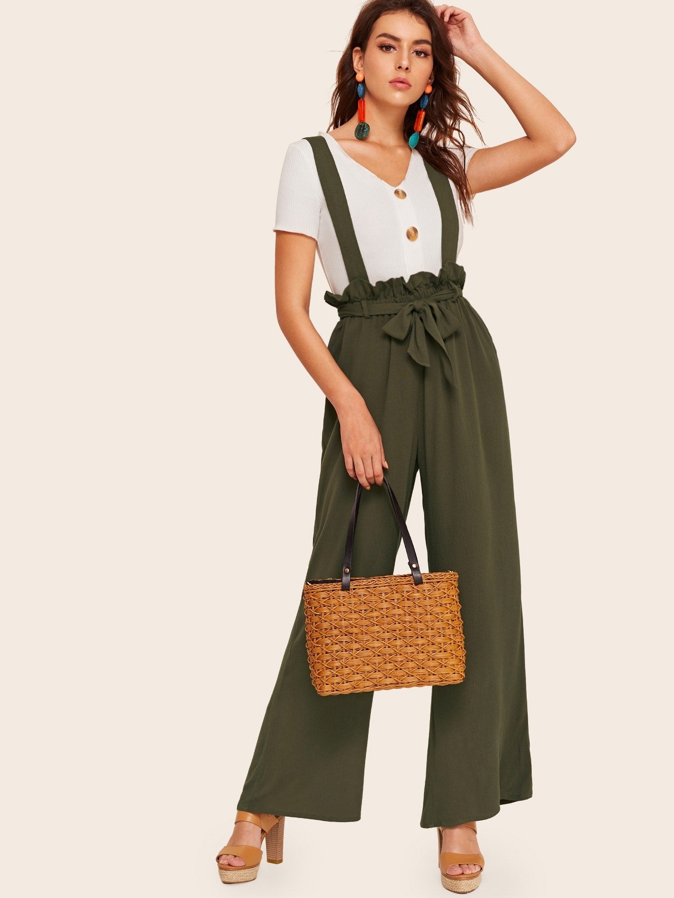Paperbag Waist Wide Leg Pants With Strap