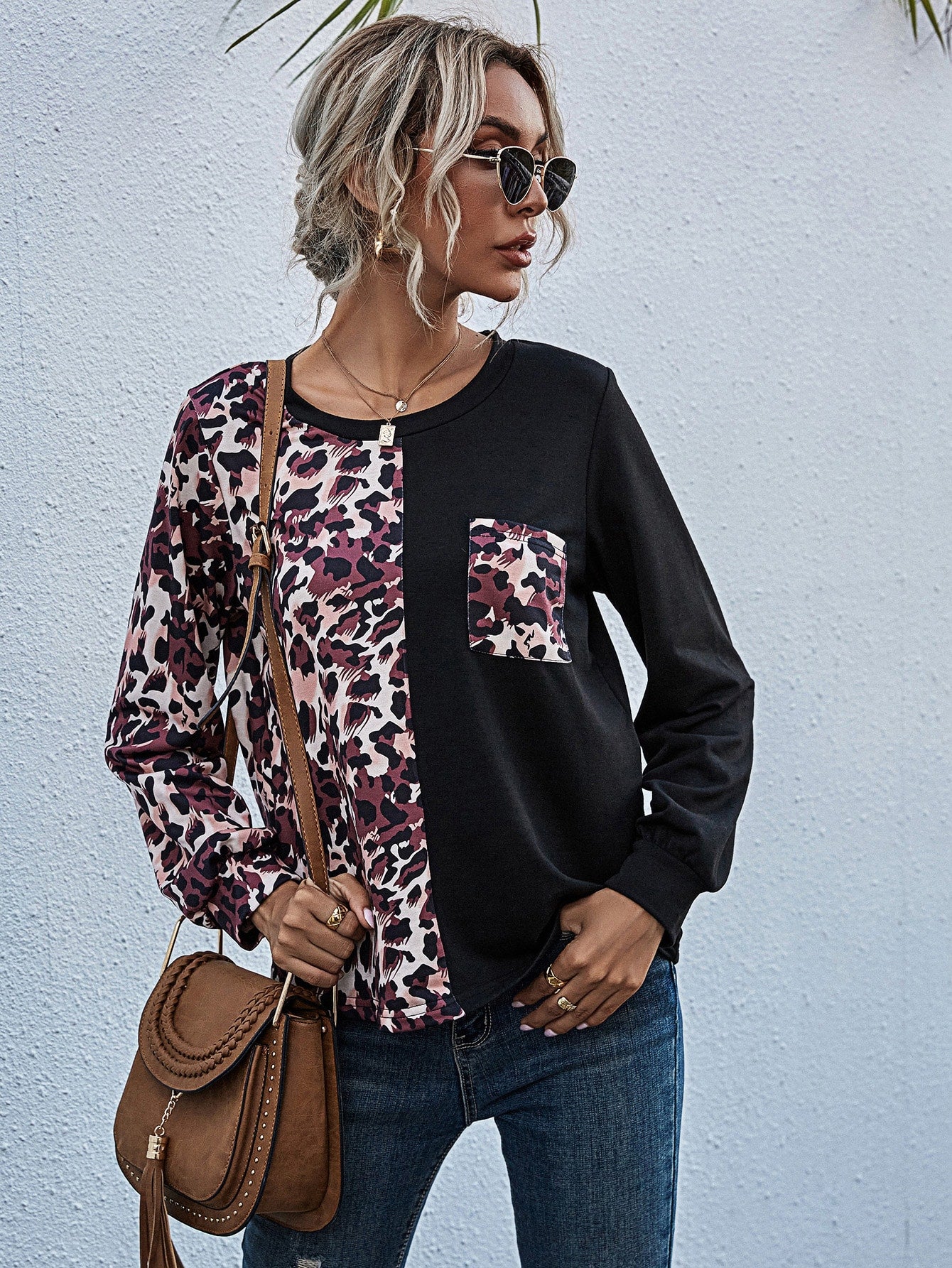 Patch Pocket Leopard Colorblock Tee