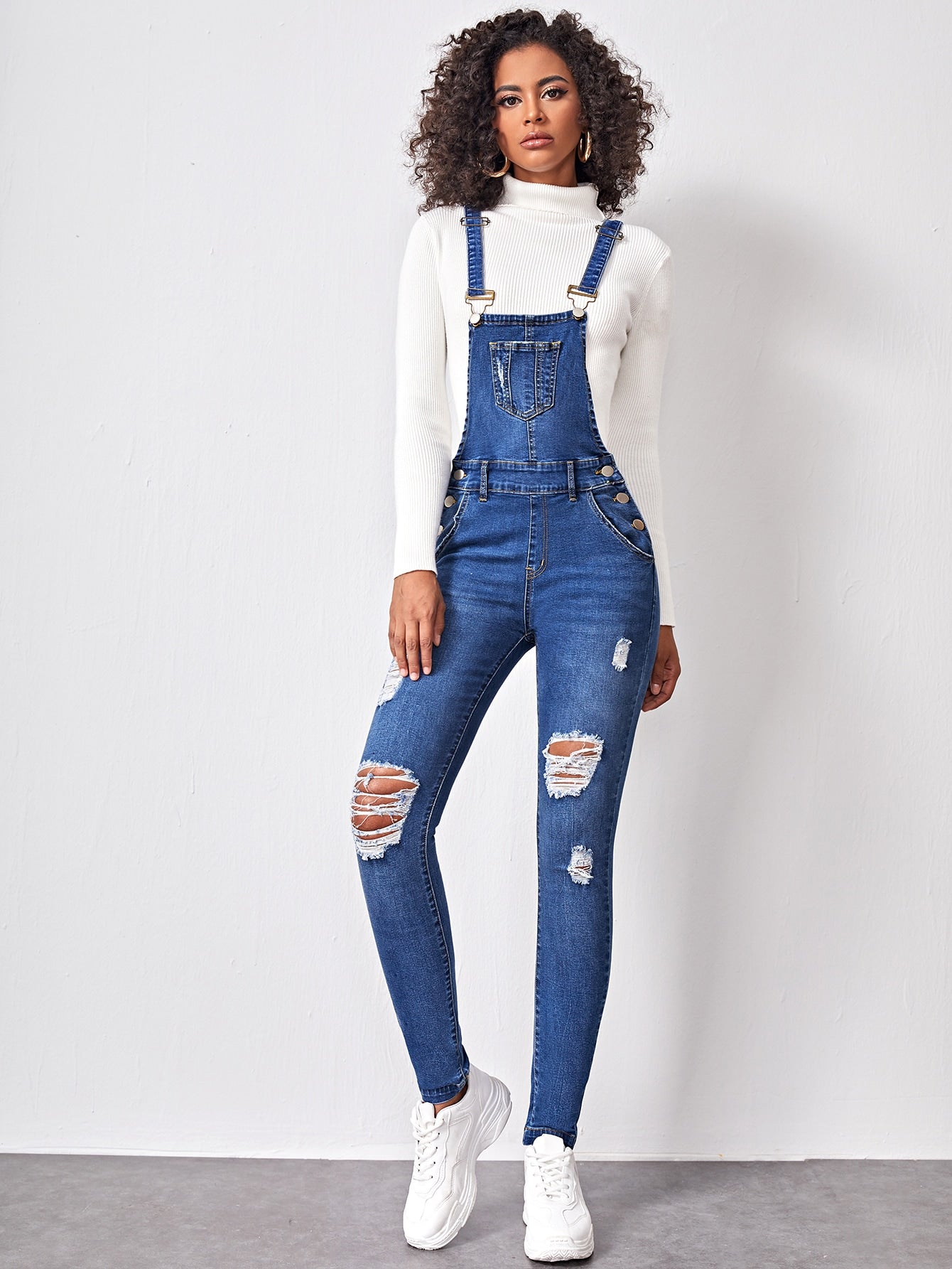 Patch Pocket Ripped Skinny Denim Overalls