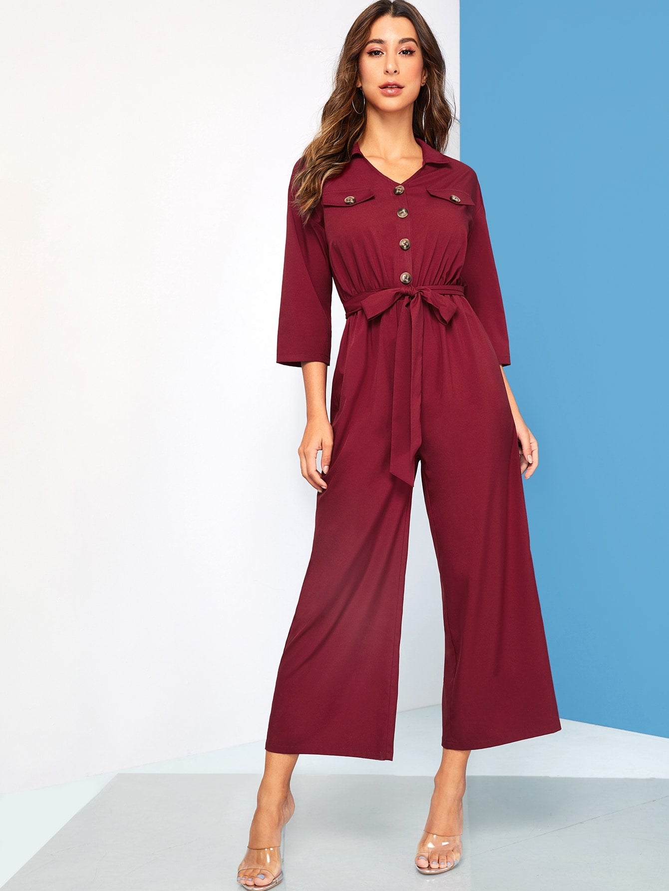 Patched Pocket Button Up Self Belted Jumpsuit