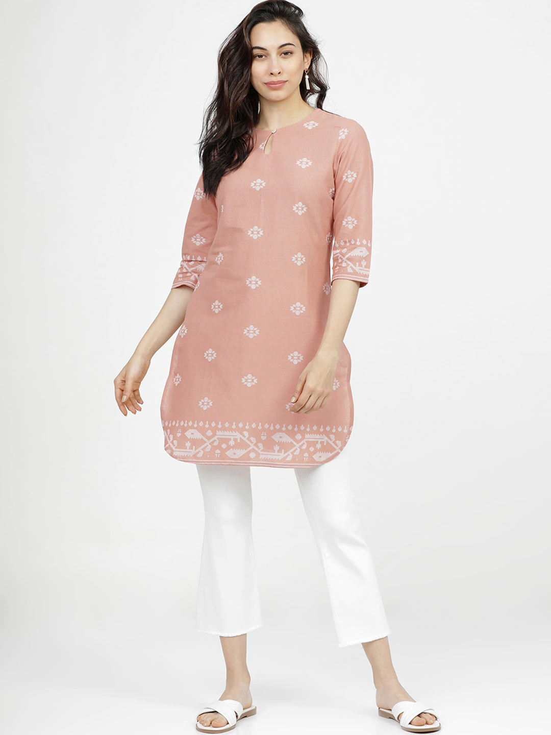 Peach-Coloured & White Printed Tunic