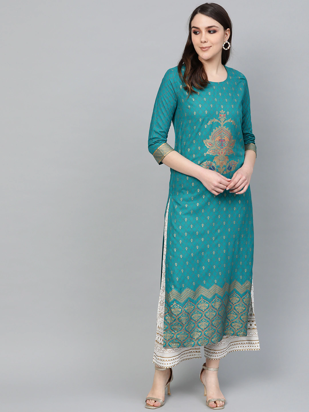 Peacock Blue Printed Kurta Set