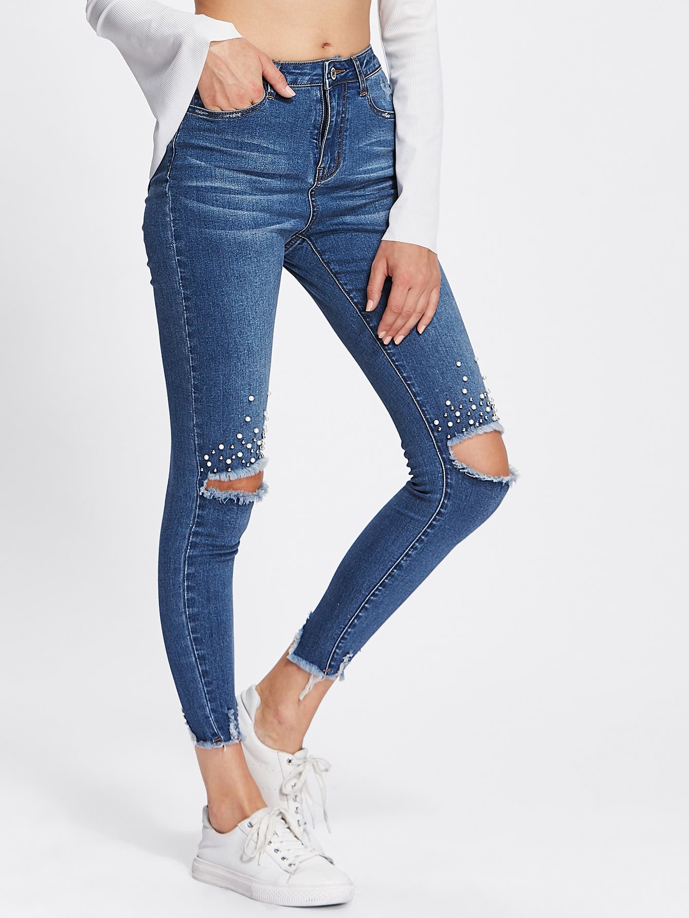 Pearl Beading Destroyed Raw Cut Hem Jeans