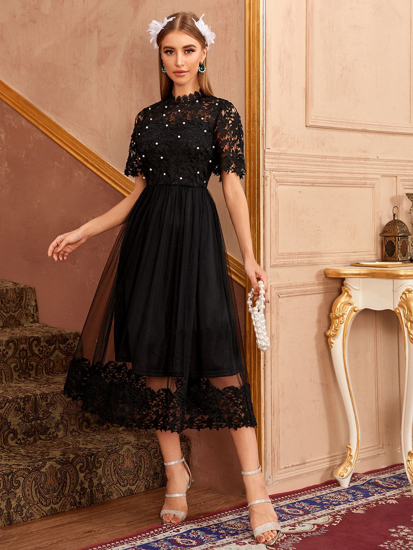 Pearl Beading Guipure Lace & Mesh Dress