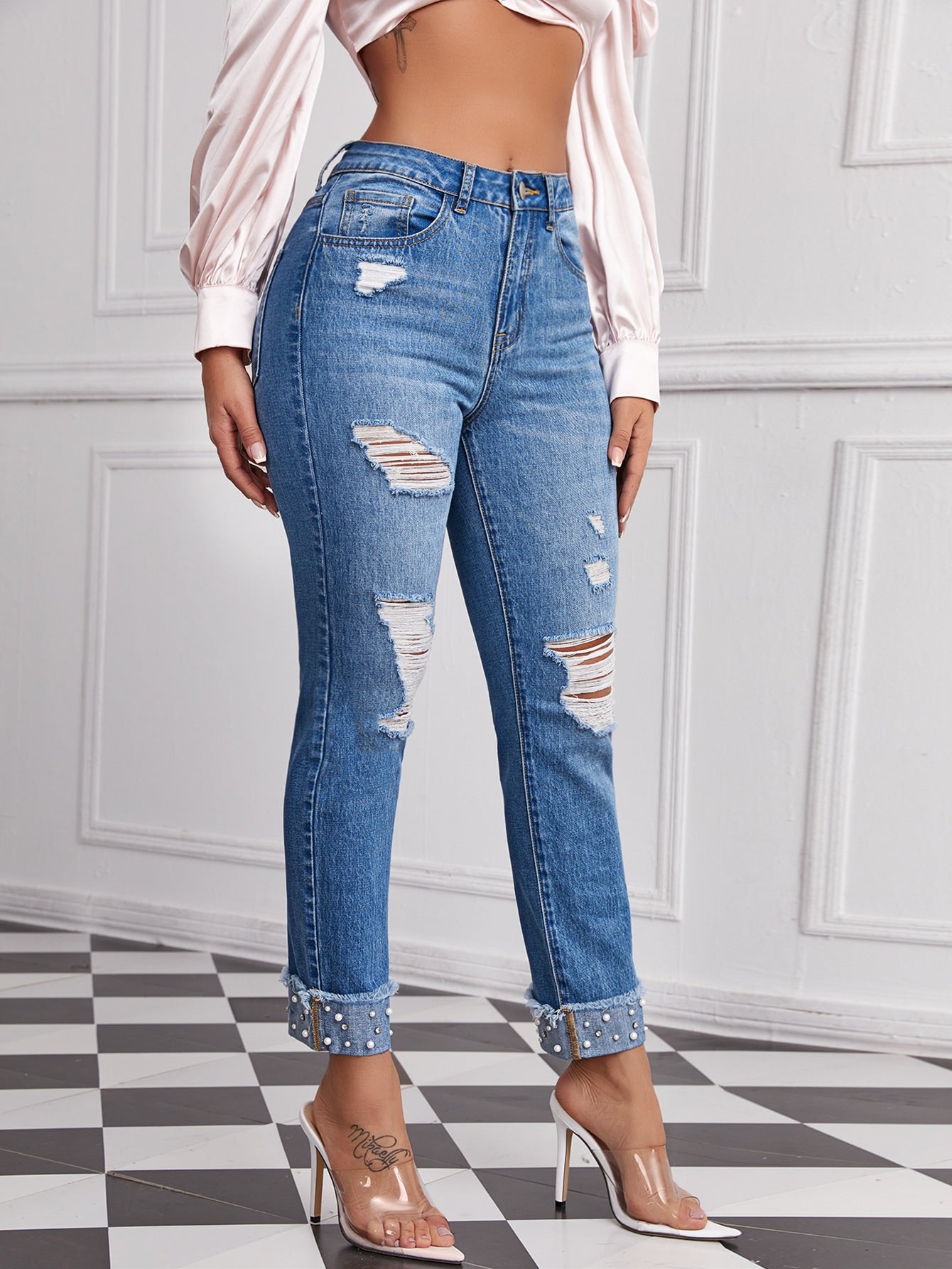 Pearls Beaded Ripped Roll Hem Skinny Jeans