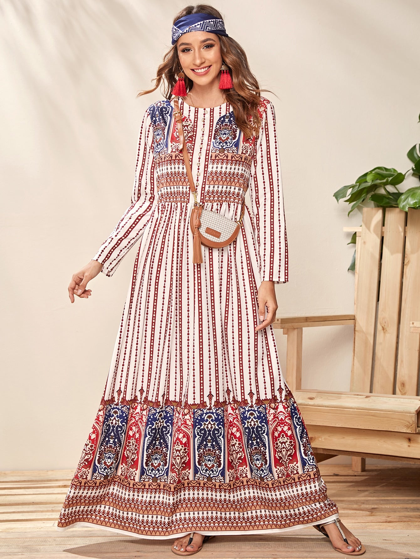 Pearls Button Front Tribal Print Dress Without Bag