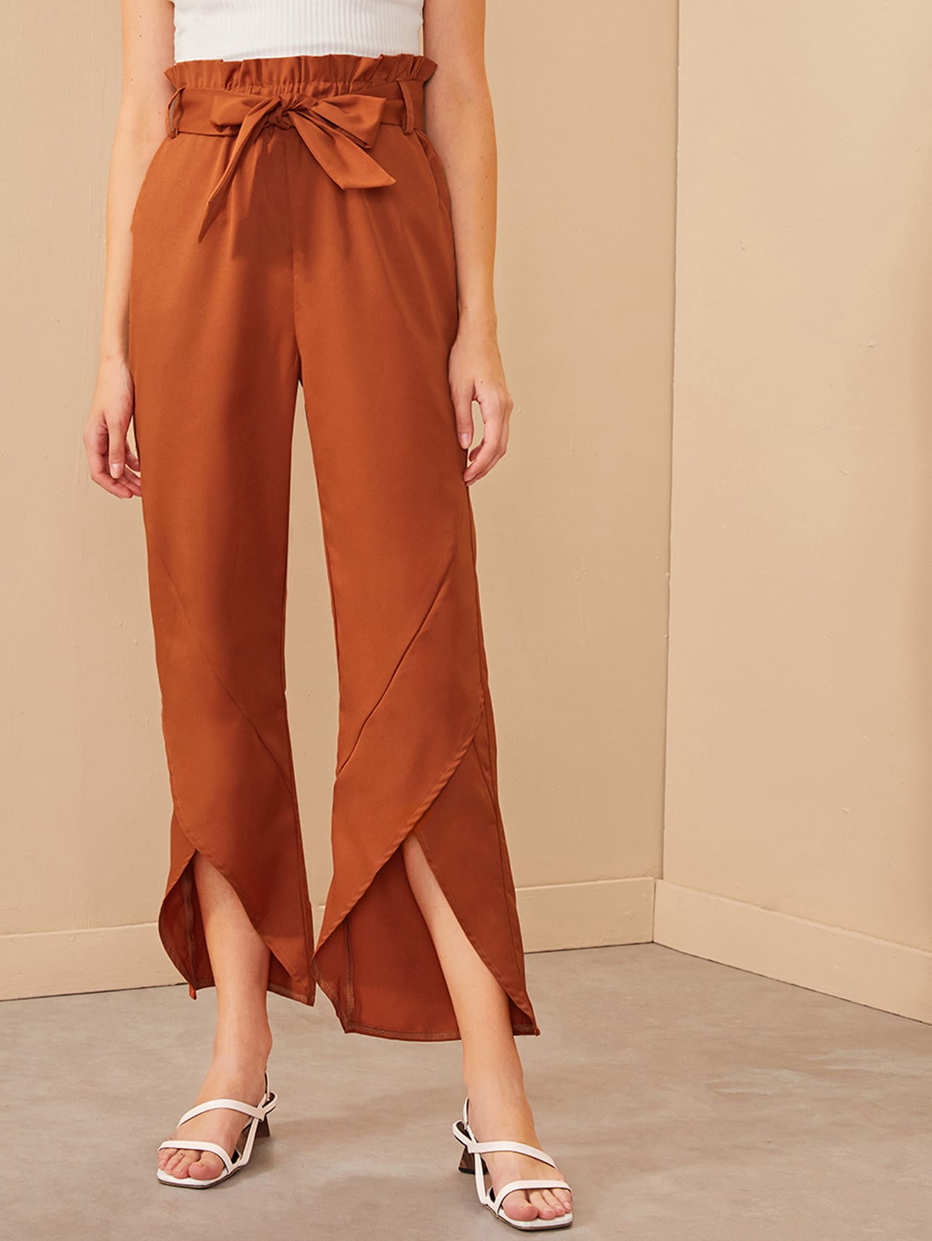 Petal Hem Paperbag Waist Belted Pants