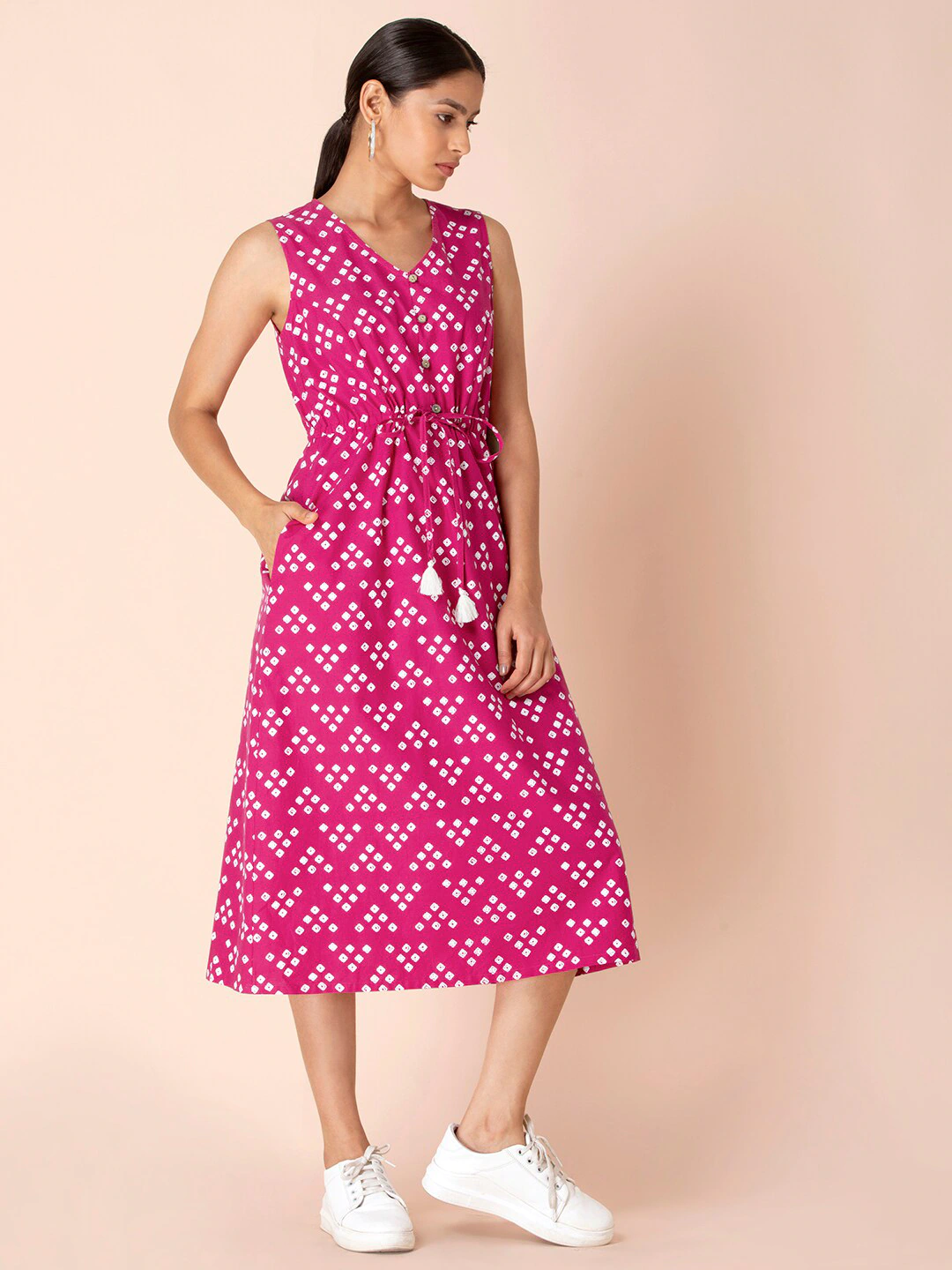 Pink Bandhani Cotton Midi Dress