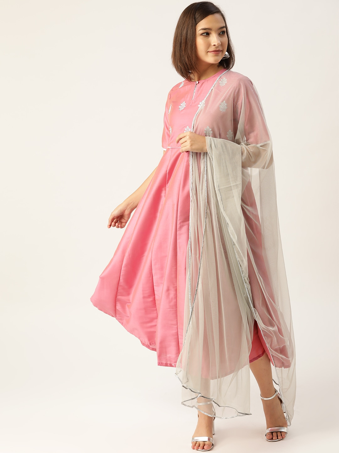 Pink Embroidered A-Line Dress With Dupatta