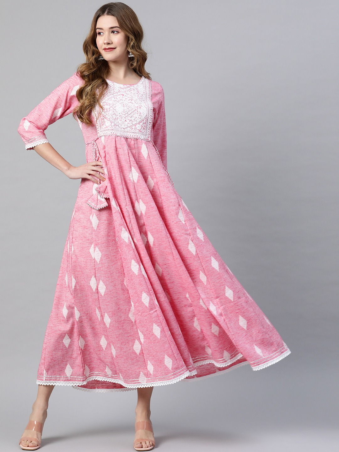 Pink Floral Embroidered Ethnic Maxi Dress