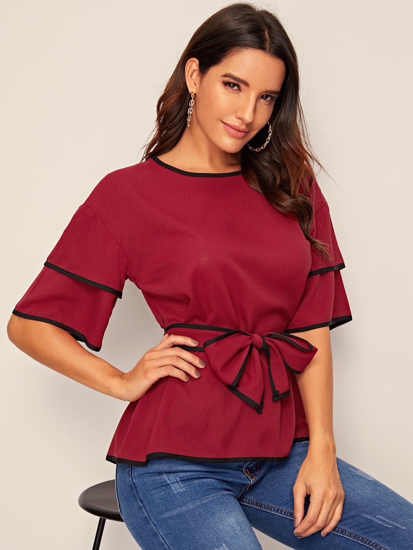 Piping Trim Belted Blouse