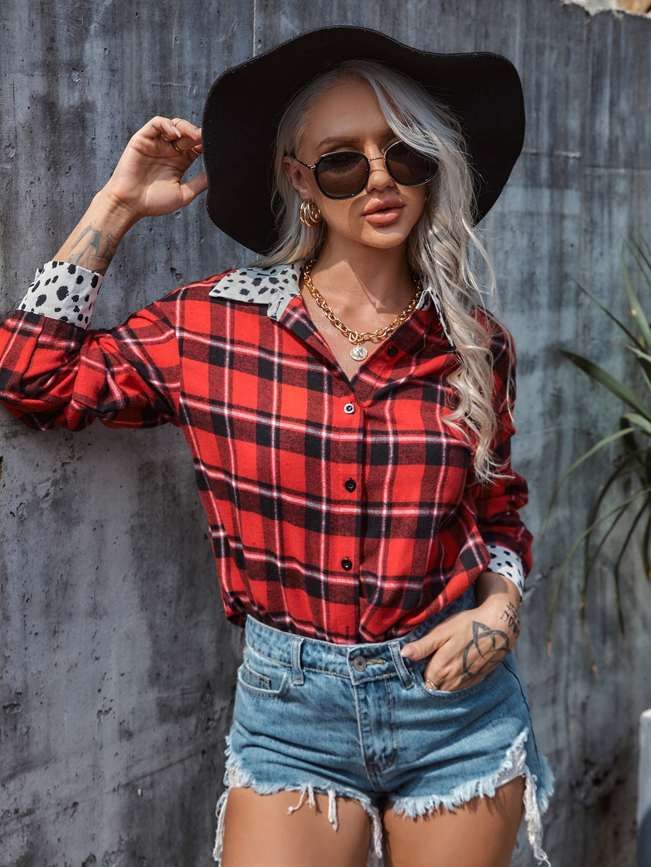 Plaid Button Up Drop Shoulder Blouse