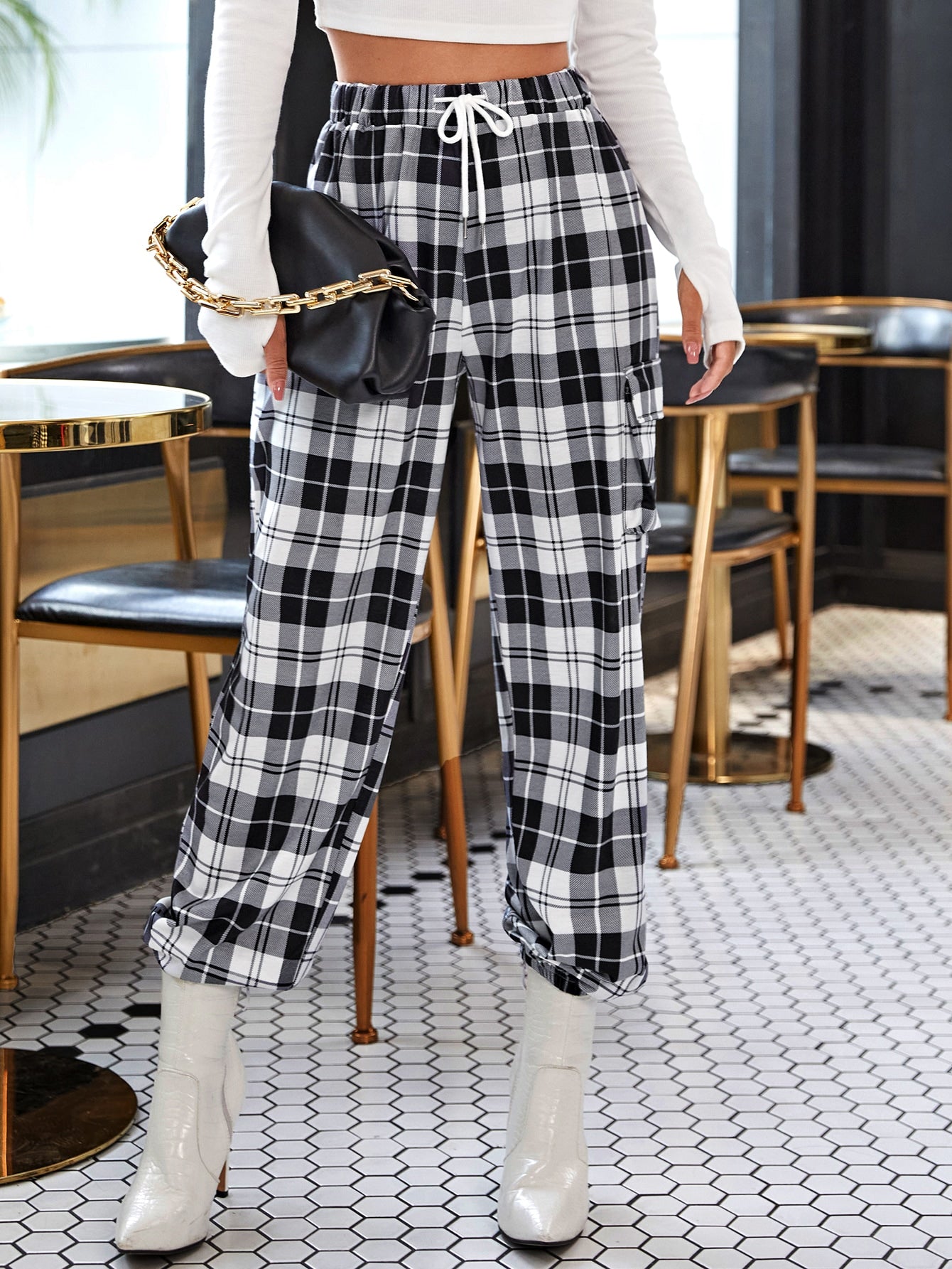 Plaid Drawstring Waist Side Flap Pocket Sweatpants